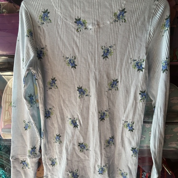Aerie Ribbed Button Up Long Sleeve Top Light Blue Floral Medium Women - Picture 6 of 10